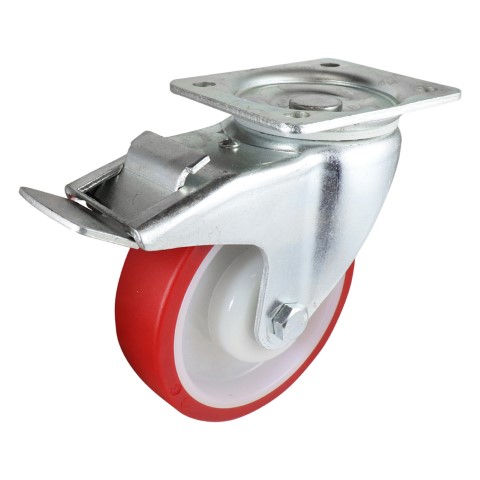 EASYROLL RED URETHANE SWIVEL PLATE BRAKE CASTOR 125MM 